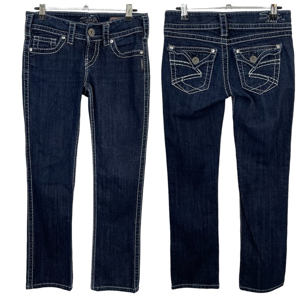 Silver Jeans McKenzie Straight Leg Womens 26/28 Dark Wash Blue Ankle Rhinestone